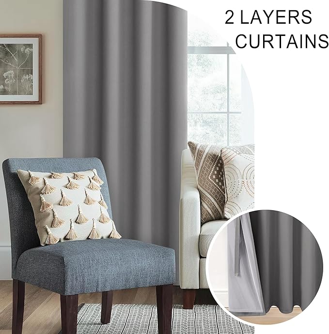 XWZO 100% Blackout Curtains - Extra Long Thermal Insulated Black Liner Curtains, Noise Reducing and Heat Blocking Drapes for Bedroom with Tiebacks, Grey, W52 x L108, Set of 2