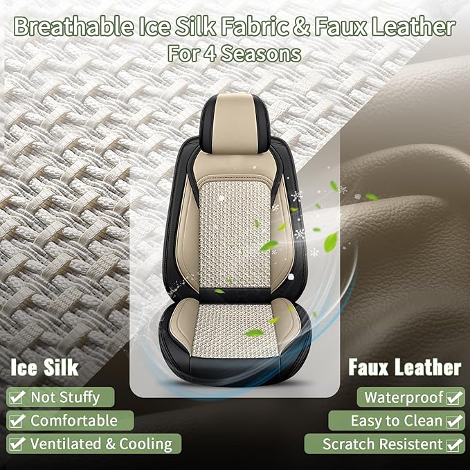 Car Seat Covers Front Seats for Toyota Corolla 2000-2019 - Cooling Ice Silk Leather Seat Cover - Ventilated 2 Seats Vehicle Seat Cushion Protector Automotive Accessories (Black&Beige)