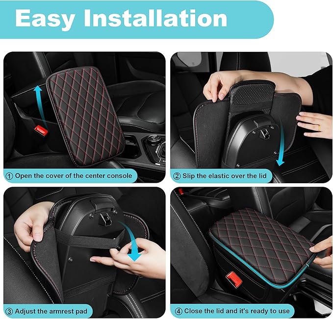 Center Console Cover Fit for Kia Sportage 2005-2025 with 2 Storage Bags Waterproof Leather Quilted Pattern Car Armrest Cover Cushion Anti - Slip(Black&Red Line)