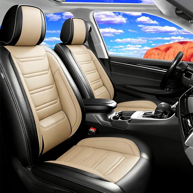 Fit Equinox Car Seat Covers for Chevrolet/Chevy Equinox 2007-2026, Premium Full Coverage Leather, Airbag Compatible, Waterproof All Weather Seat Cushion Protector, Full Set, Black+Beige