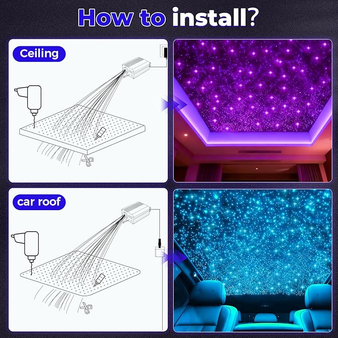 Two-Color Headliner Star Light Kit, Star Light Headliner Kit, 1000Pcs*0.03in*13.1ft Ceiling Fiber Optic APP RGBW Remote Contro Fiber Lights for Home Theater