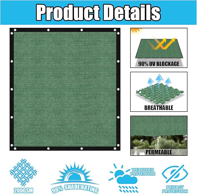 Amagenix 90% Pergola Shade Cover 6' X 13' Sun Shade Cloth with Grommets for Outdoor Garden Patio Porch, Commercial Grade 200 GSM - Cable Zip Ties Included (We Customized) GN108, Green