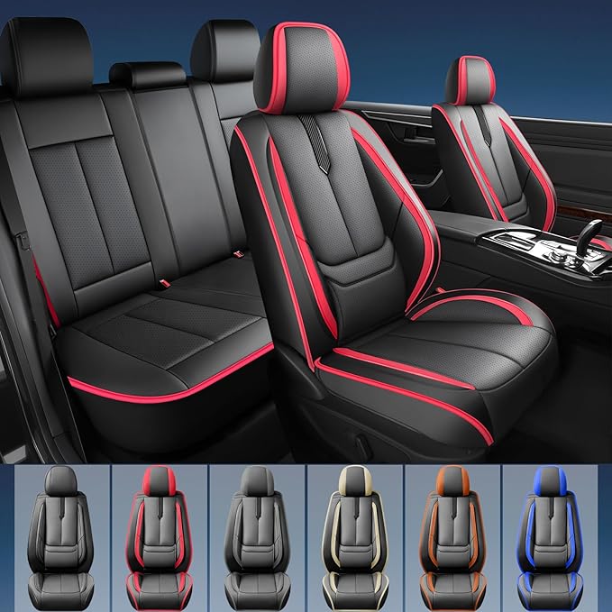 Fit Camry Car Seat Covers for Toyota Camry 2012-2024 2025 2026 -Upgraded Premium Waterproof & Breathable Leather,Airbag Compatible,All-Weather Seat Cushion Protector,2 Front/Black-Red