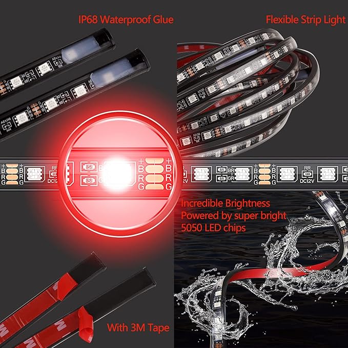 Smart RGB Car Underglow Kit with App & RF Remote - IP67 Waterproof, 16 Million Color LED Light Strips, Music Sync, Universal Fit for All Cars, Trucks, Vans - 12V DC Exterior Lighting