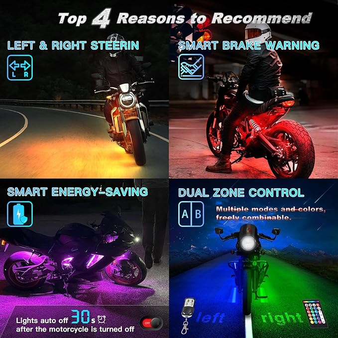 8PCS Motorcycle RGB LED Light Kit with Handlebar Switch Brake Turn Signal, Multicolor Underglow Lights with APP/RF Remote, Neon Strips 12V Waterproof for Sport Bike, Cruiser, Street & Dirt Motorcycle