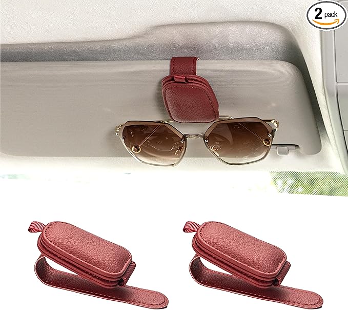 Yuoyar Sunglass Holder for Car, Magnetic Leather Sunglasses Holder and Ticket Card Clip, Car Visor Accessories, 2 Packs (Red)