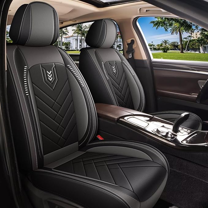 AOMSAZTO 2 Front Seat Covers Fit for Mazda CX5 CX-5 2013-2026: First Row 2PCS Faux Leather Waterproof Seat Covers Automotive Seat Cushion Protector(Black&Grey)