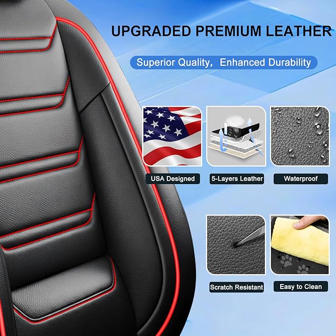 Fit CX-3 Car Seat Covers (Front Pair) for Select Mazda CX3 2016-2024 - Premium Full Coverage Leather, Airbag Compatible & Scratch-Resistant, Waterproof All Weather Seat Protector, Red Trim