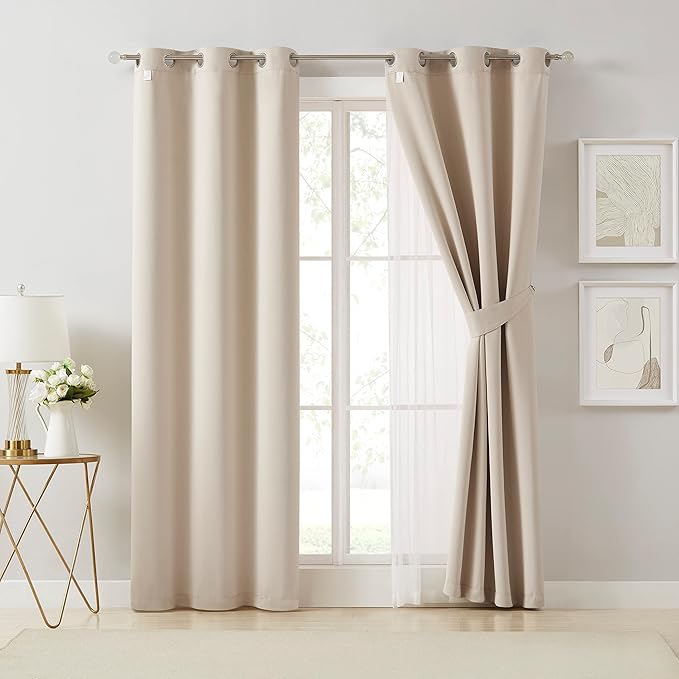 Bujasso Beige 80% Blackout Curtains with Sheer Overlay Mix and Match Double Layer Thermal Insulated Window Panels 95 inch for Living Room Bedroom Beige Drapes with Tiebacks Grommet Top 54" Wx95 Lx2
