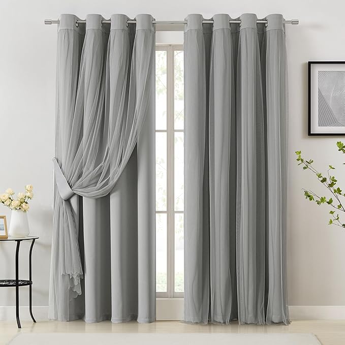 Bujasso Grey 90% Blackout Curtains with Sheer Overlay Mix and Match Double Layer Window Curtains Thermal Insulated 95 inch for Living Room Bedroom Gray Drapes with Tiebacks Grommet Top 54" Wx95 Lx2