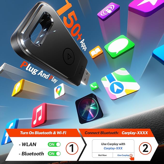 for Apple Carplay Wireless Adapter, 3X Fast Auto-Connect, No Latency, Plug&Play, Wireless Carplay Adapter, 2025 Mini Car Play Dongle for iPhone 6~17, Fit for 927+ Cars,USB A/C,Matte Black