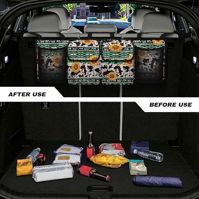 Sunflower Cow Spots Car Trunk Organizer Navajo Aztec Hanging Car Organization Car Storage Bag for SUVs, Vans, Cars