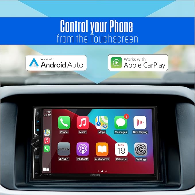 JENSEN J3CA7W 7-inch Certified Apple CarPlay Android Auto Wired or Wireless | Double DIN Touchscreen Car Stereo Radio | Bluetooth | Backup Camera Input | USB Playback & Charge