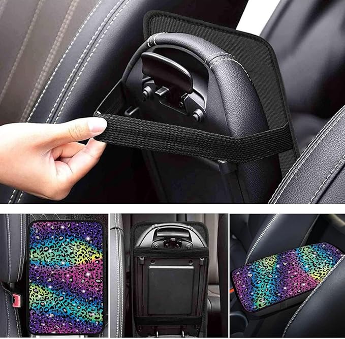 Coldinair Rainbow Glitter Leopard Print Car Center Console Pad Soft Armrest Protector Cover Fit for Most Vehicle,SUV,Truck,Wild Cheetah Car Interior Accessories Decor