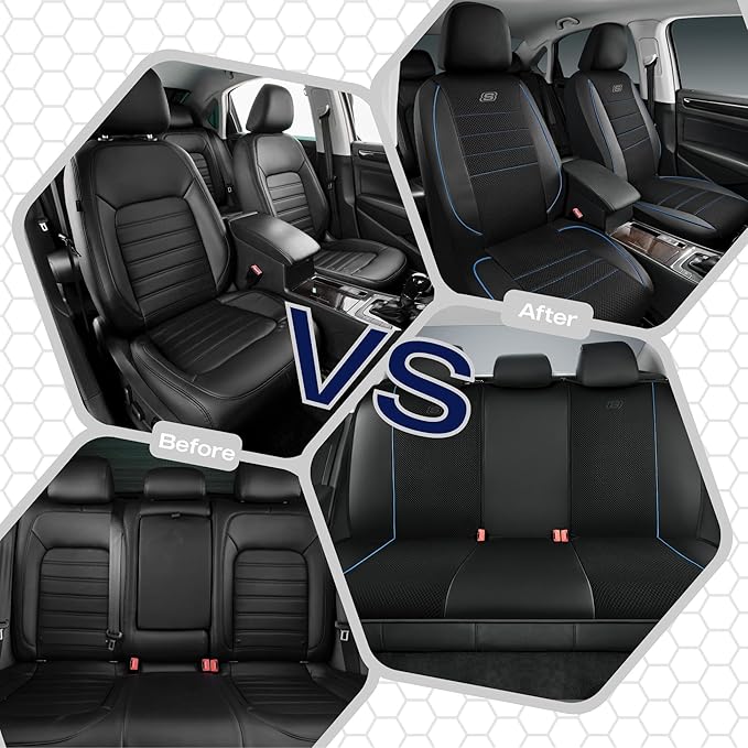 Skechers Air-Cooled Memory Foam Seat Covers,Mesh Thick Car Seat Covers,Piping Leather Car Seat Cover,Airbag Compatible,Automotive Comfort for Most Cars, Vans, Trucks, SUV(Blue,Full Set)