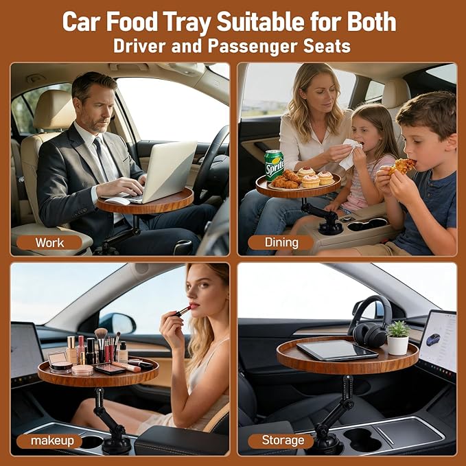 Car Food Cup Holder Tray - 360° Rotating Car Table and Car Seat Tray, Detachable Wooden Car Desk for Laptop and Food Tray, Compatible with Tesla Model Y/3/S, Ford F150/Explorer (Brown, 11.8")