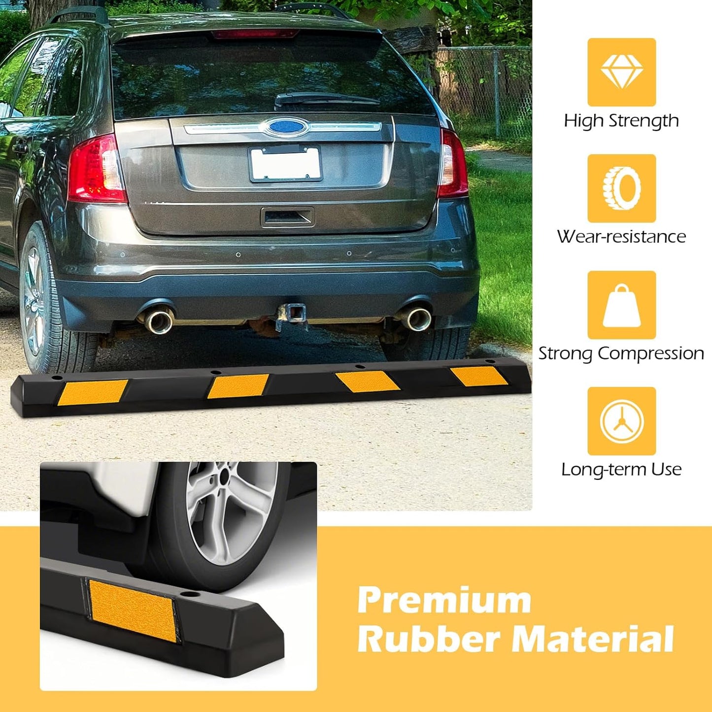 Rubber Parking Curb Garage Floor Stopper, 72" Heavy Duty Parking Lot Stopper with Yellow Reflective Stripes, Guide Wheel Stopper for Car, Truck, RV, Trailer, Driveway (2 Pack)