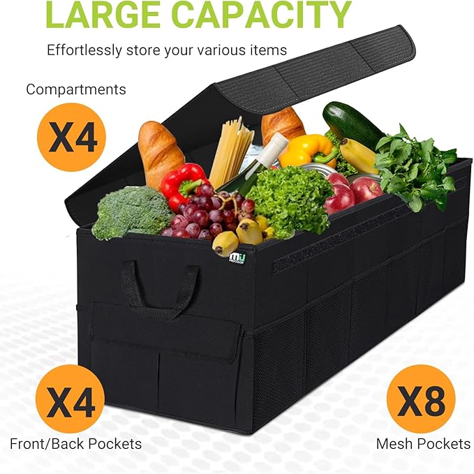 MIU COLOR Trunk Organizer with Lid, 72L Large Capacity Car Organizer, 12 Pockets with Non-Slip Bottom, Collapsible 3 Compartments Car Storage Organizer for Suv/Jeep/Sedan/Van/Grocery, Black