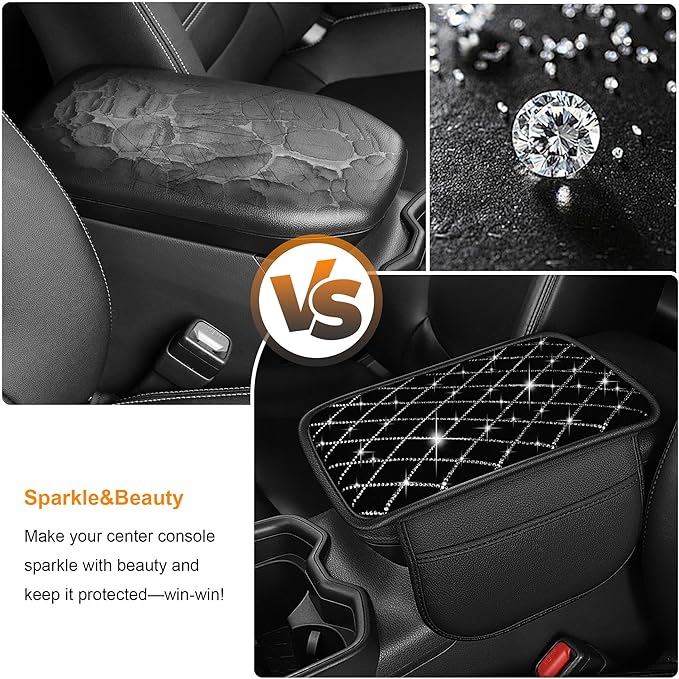 Bling Armrest Cover for Car Compatible with Jeep Grand Cherokee - Center Console Cover with 2 Storage Pockets and Crystal Diamond(Black)