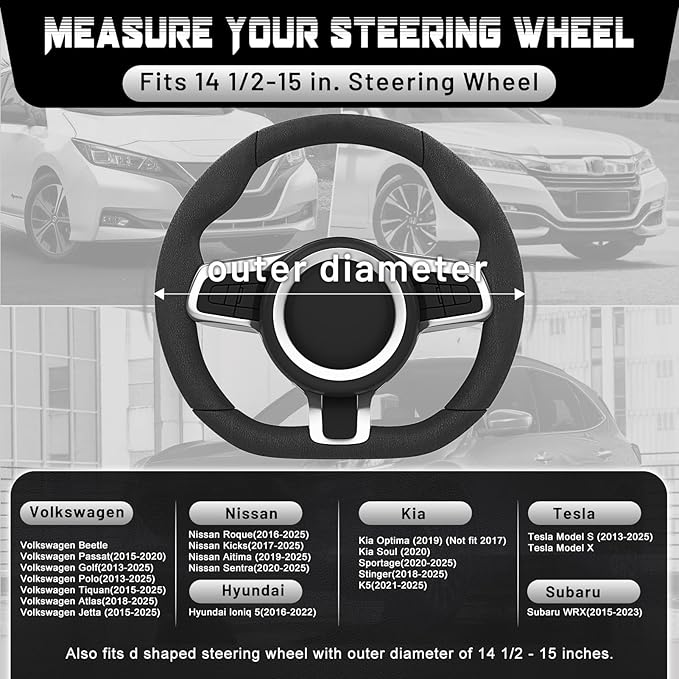 SEG Direct Flat Bottom Steering Wheel Cover, D Shaped Car Wheel Cover 14 1/2-15 in. (37-39 cm), Black Red Microfiber Leather