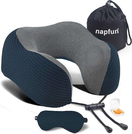 napfun Neck Pillow for Traveling, Upgraded Travel Neck Pillow for Airplane 100% Pure Memory Foam Travel Pillow for Flight Headrest Sleep, Portable Plane Accessories, Deep Blue Striped Kit