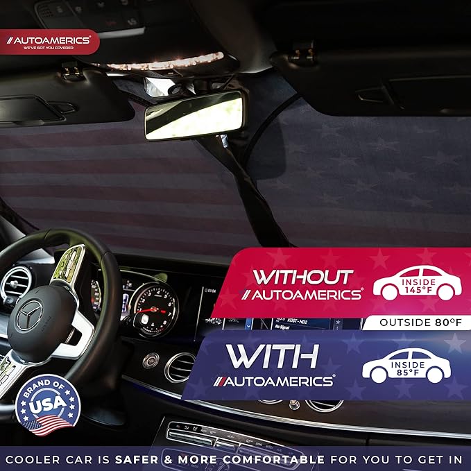 Autoamerics 1-Piece Windshield Sun Shade Grunge American Flag - 3 USA Design - Foldable Car Front Window Sunshade for Most Sedans SUV Truck - Blocks Max UV Rays and Keeps Your Vehicle Cool - Medium