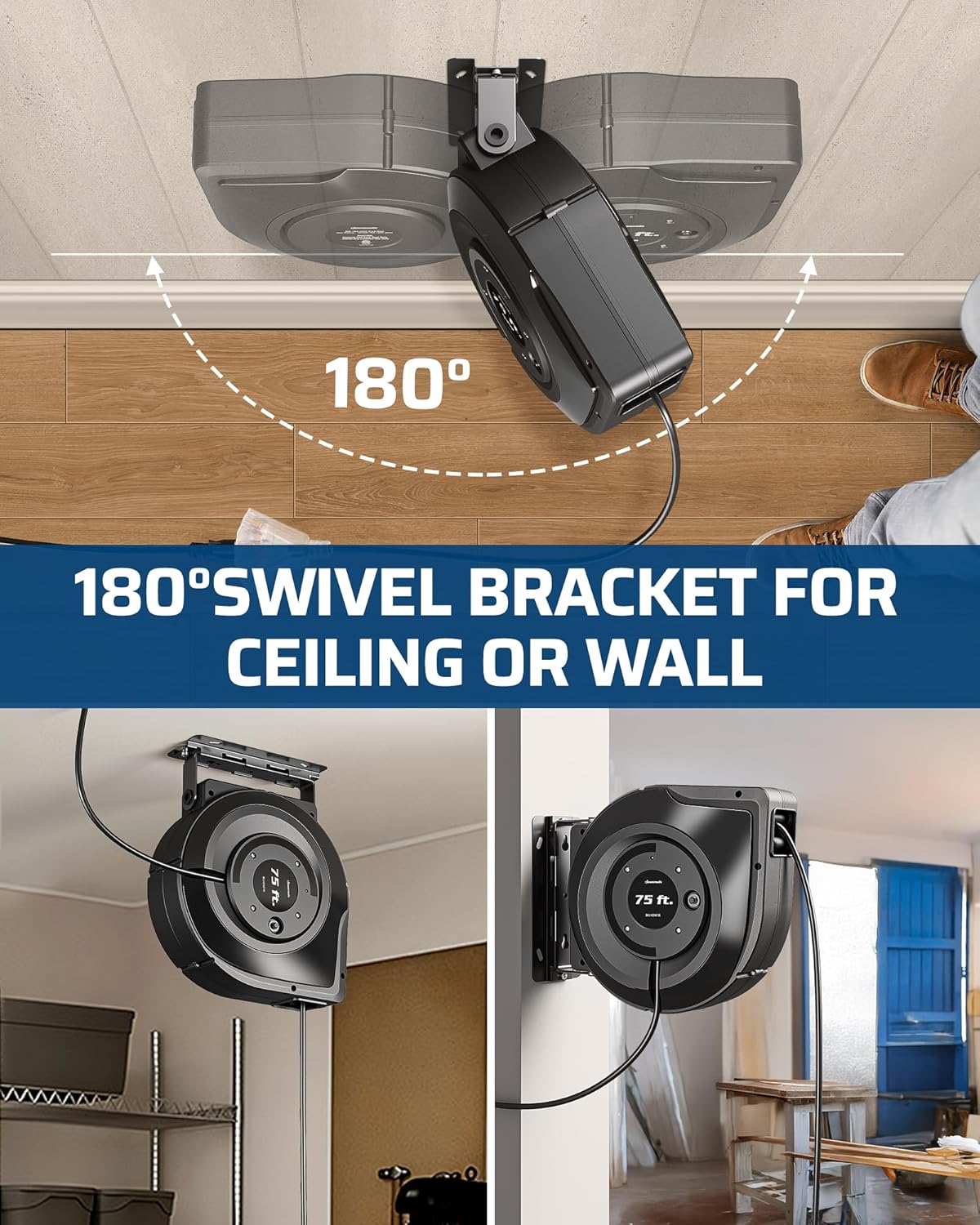 DEWENWILS 75FT Extension Cord Reel, 14/3C SJTOW Retractable Extension Cord Reel, Lighted Triple Outlets, 10A Circuit Breaker, Heavy Duty Power Cord, UL Listed, Ceiling/Wall Mount