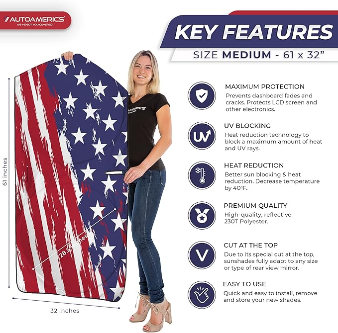 Autoamerics 1-Piece Windshield Sun Shade USA Art Flag - 2 American Design - Foldable Car Front Window Sunshade for Most Sedans SUV Truck - Blocks Max UV Rays and Keeps Your Vehicle Cool - Medium