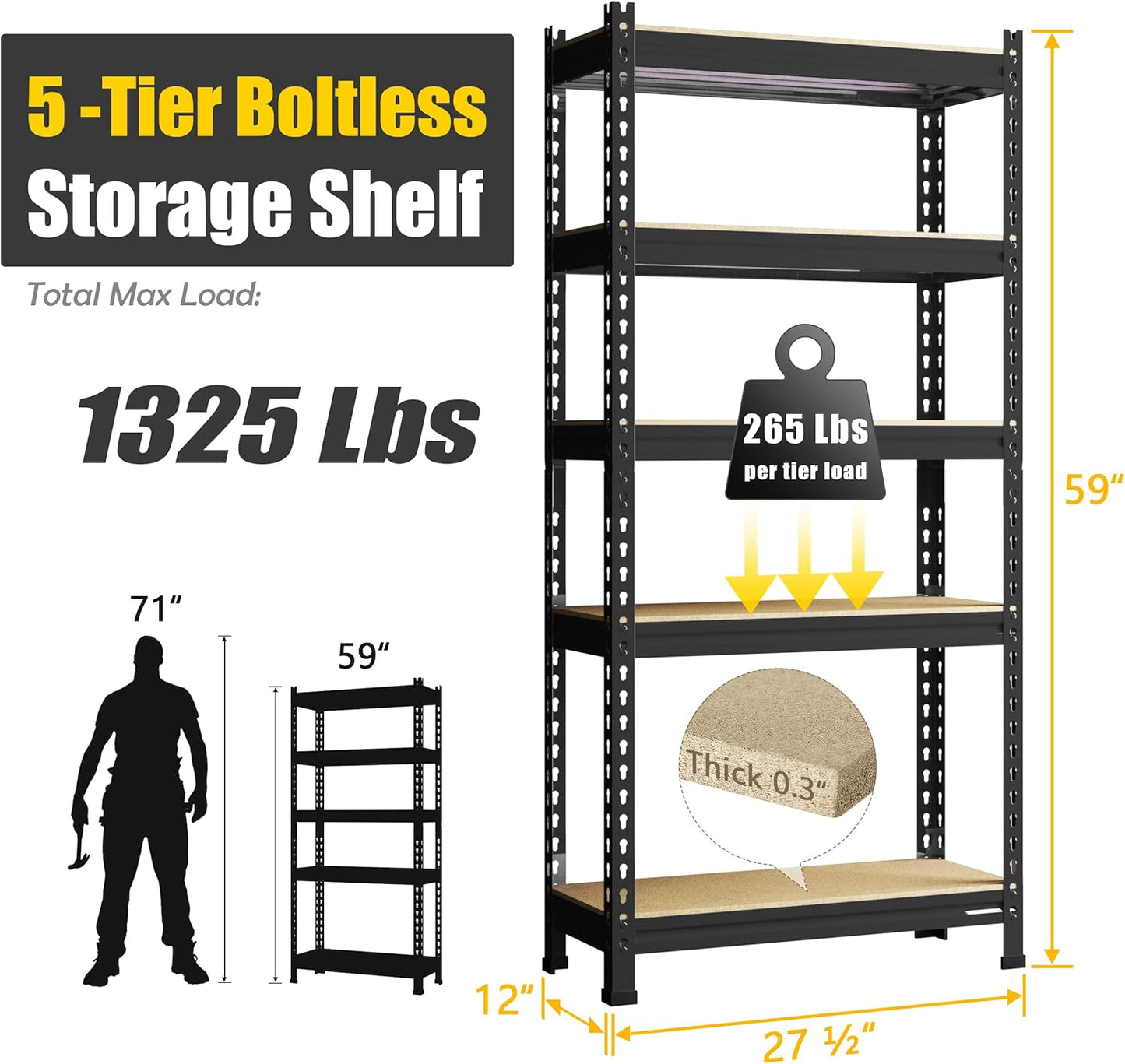 PrimeZone Storage Shelves, 27.5" W X 12" D X 59" H Adjustable Metal Heavy Duty Garage Shelving Unit, 5 Tier Industrial Standing Utility Rack Organizer for Warehouse, Pantry, Kitchen, Basement, Black