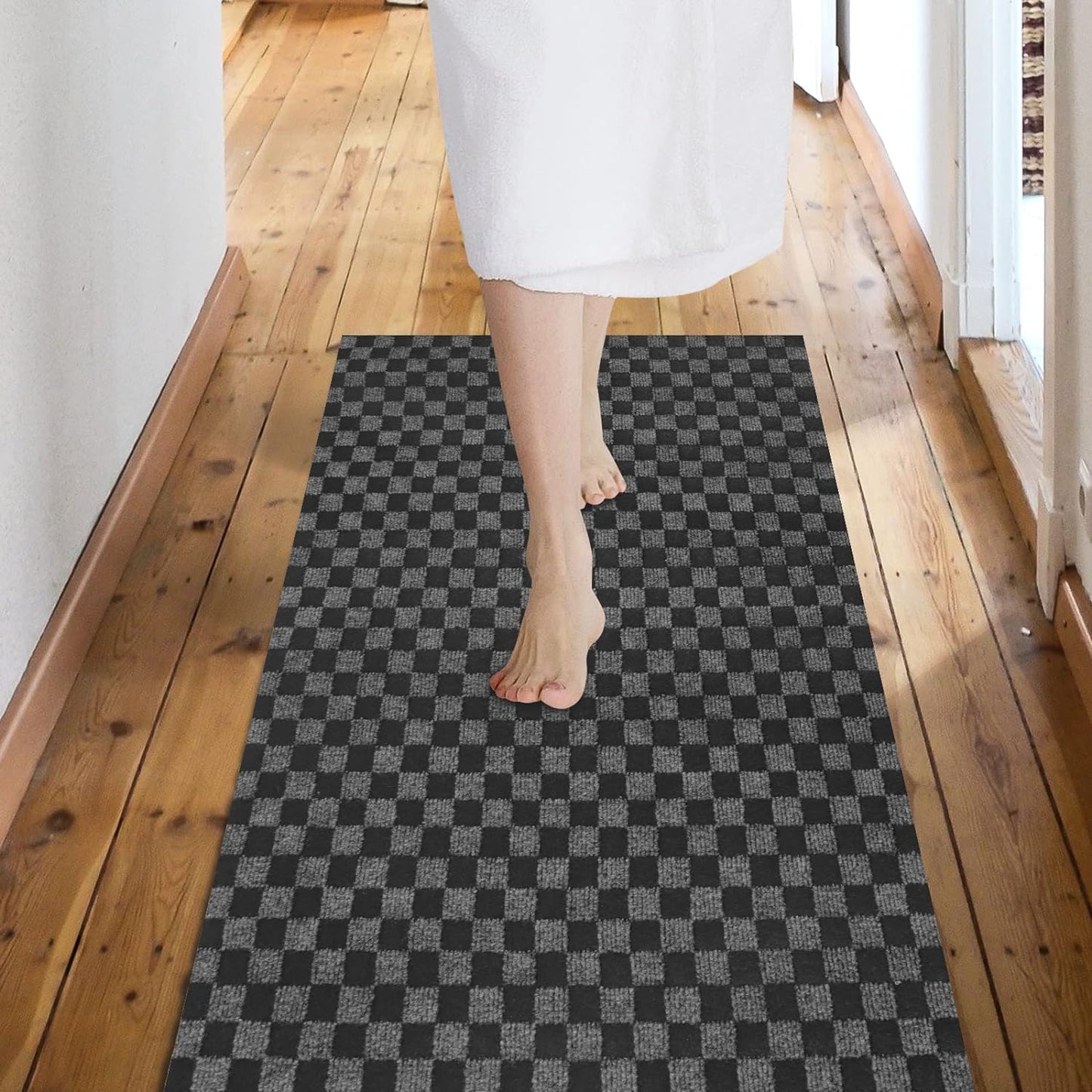 Custom Size Backed Non-Slip Area Rugs Runner, Easy Clean, Waterproof Runner Rugs for Hallway Entryway, Kitchen, Laundry, 3FT x 62FT, Gray Checkered