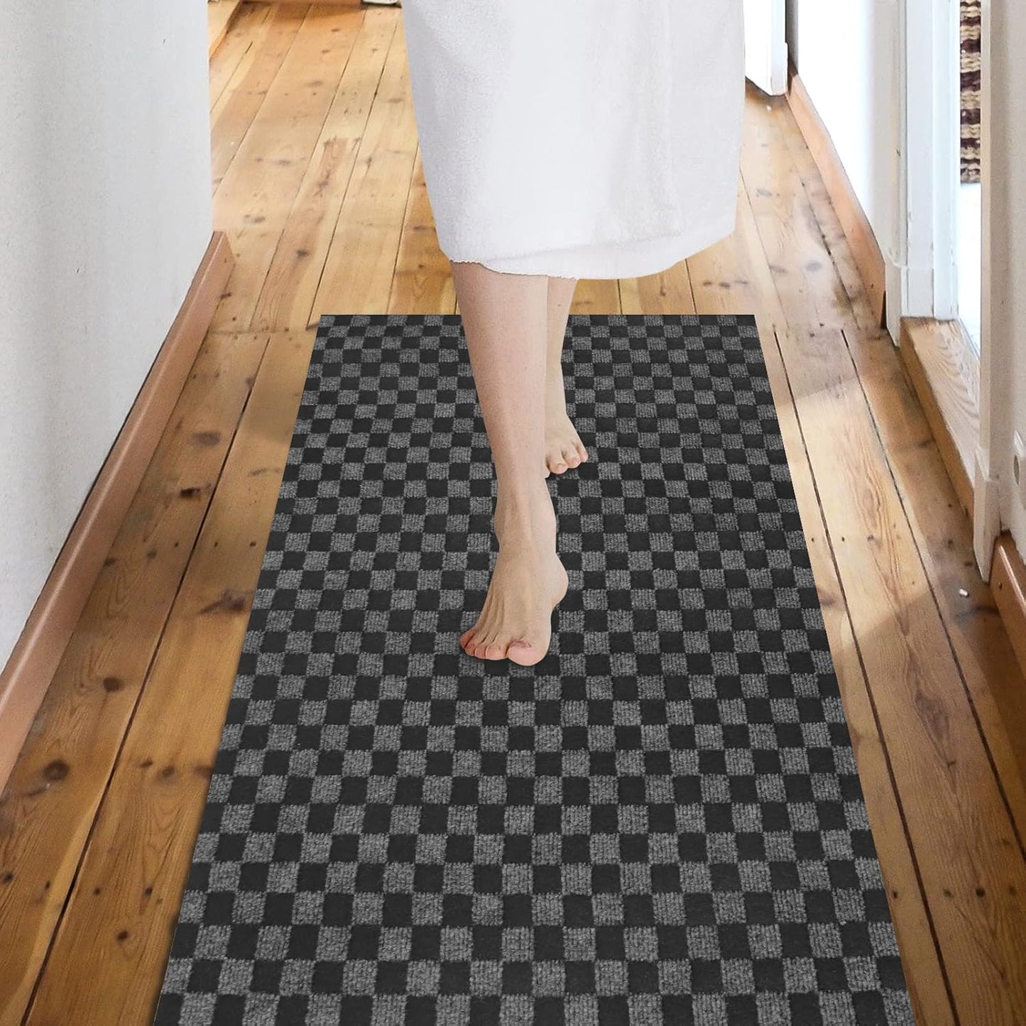 Custom Size Backed Non-Slip Area Rugs Runner, Easy Clean, Waterproof Runner Rugs for Hallway Entryway, Kitchen, Laundry, 3FT x 75FT, Gray Checkered