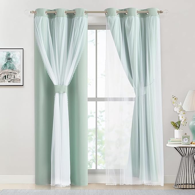 Bujasso Aqua 80% Blackout Curtains with Sheer Overlay Mix and Match Double Layer Thermal Insulated Window Panels 84 inch for Living Room Bedroom Mint Green Drapes with Tiebacks Grommet Top 37"Wx84"Lx2