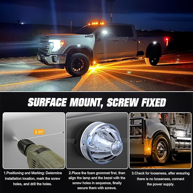 2-Pack Dual Color Watermelon Lights with Strobe & Steady Lighting, Clear Lens Amber/White LED Side Marker Turn Signal Lights for Truck Trailer RV Off-Road Vehicle