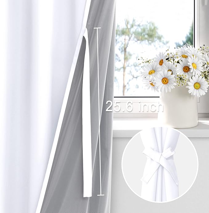 XWZO 100% Blackout Curtains 2 Panels with Tiebacks- Heat and Full Light Blocking Window Treatment with Black Liner for Bedroom/Nursery, Grommet Top, White, W52 x L84 Inches Long, Set of 2