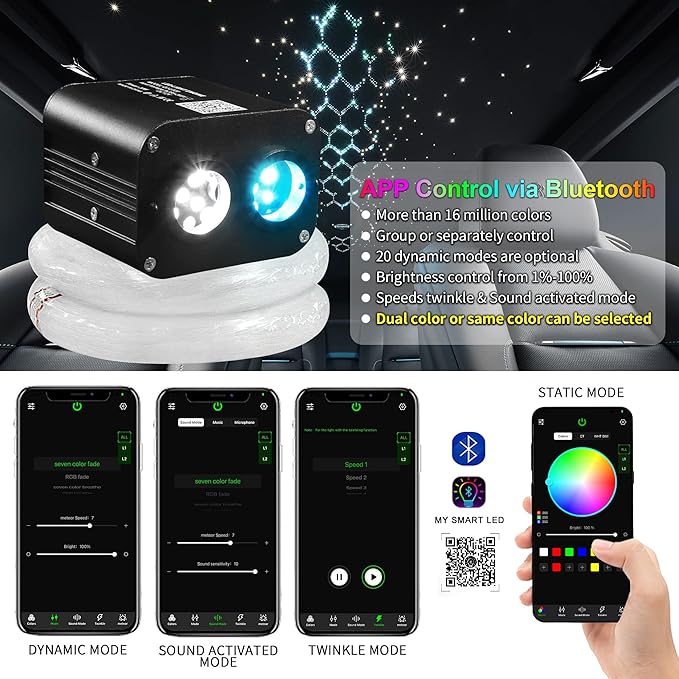 ATOKEE Twinkle 800pcs Starlight Headliner Kit, 0.03in 9.8ft Fiber Strands 20W Dual Color Dual Head Fiber Optic Car Star Roof Lights with APP/Remote Control