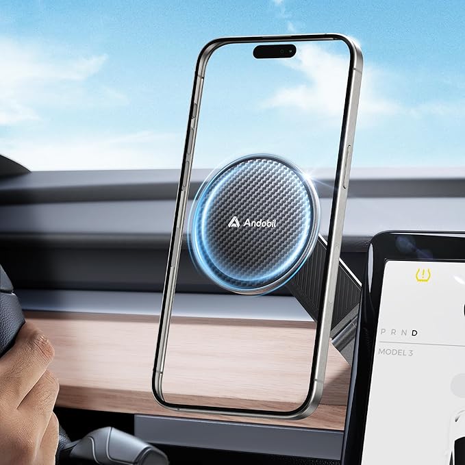 andobil Upgrade Tesla Phone Mount [Strong Magnet & Foldable] MagSafe Car Mount for Tesla New Model Y Juniper Model 3, 360° Adjustable Tesla Phone Holder fits iPhone 17 16 15 Pro Max, Tesla Accessories