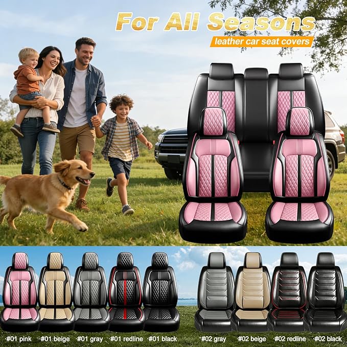 Fit CX-3 Car Seat Covers for Mazda CX3 2016-2024, Full Coverage Leather, Airbag Compatible & Scratch-Resistant, Waterproof All Weather Seat Protector, Full Set, Black+Pink