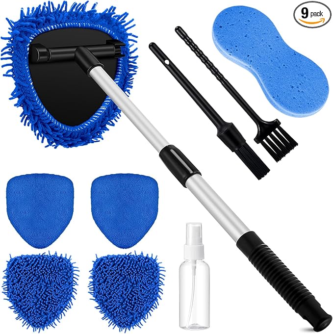 Baderke 9 Pcs Car Windshield Cleaner Tool Kit with with Extendable Handle, Microfiber Towel Pads, Sponge, Ventilation Brush, Empty Spray Bottle for Auto Glass Wiper Suvs Rvs & Home Windows(Blue)