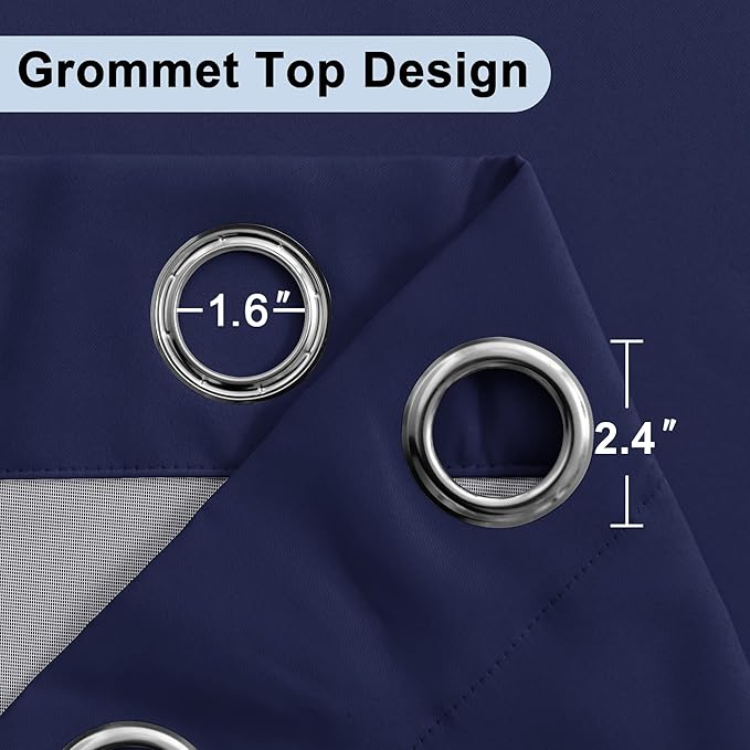 XWZO Full Shading Blackout Curtains 84 Inches Long with Tiebacks- Heat and Light Blocking Ring Top Window Drapes with Black Liner Backing for Bedroom/Kid's Room, Navy Blue, W52 x L84, Set of 2