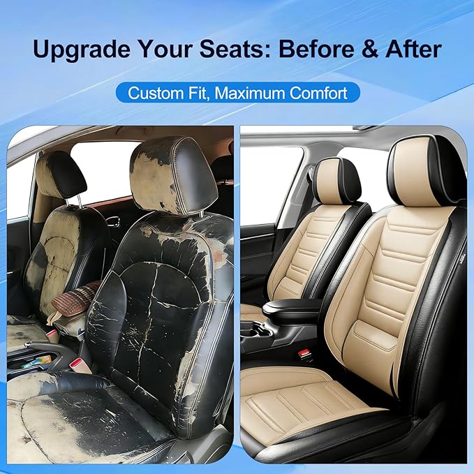 Fit Equinox Car Seat Covers for Chevrolet/Chevy Equinox 2007-2026, Premium Full Coverage Leather, Airbag Compatible, Waterproof All Weather Seat Cushion Protector, Full Set, Black+Beige