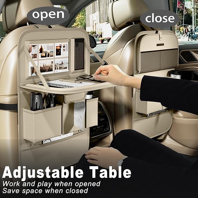 XDV Car Seat Organizers,Multi-functional Back Seat Protectors, Storage Pouches, and Tray Holders (for Cars, Kids, Seat Back and Rear Seats) (Plain Beige, 2 Pcs)