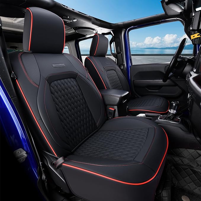 Coverado Seat Covers for Jeep Wrangler, Waterproof Leather Seat Covers Accessories Custom Fit JL 2/4 Door Car Seat Cover Protector Cushion Full Coverage Unlimited X Rubicon Sahara 2018-2024 (Red Line)