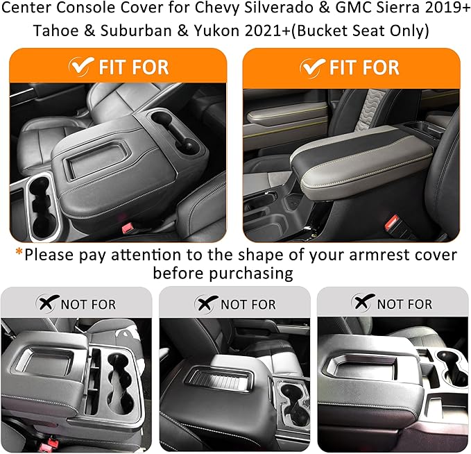 Center Console Cover for Chevy Silverado/GMC Sierra Accessories 2019-2026, Tahoe & Suburban & Yukon 2021-2026 Armrest Cover Middle Console Leather Protector Pad (Bucket Seat Consoles)(Black Stitches)