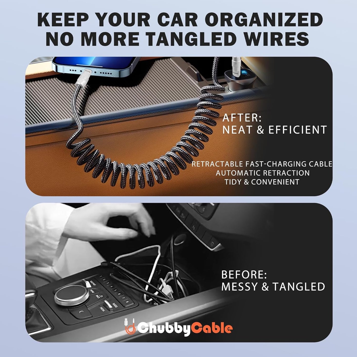 chubbycable Curly Chubby - Retractable Fast Charging Cable 240W Coiled Charger Cord for Car Durable USB-C Cable for Phones, Tablets and More, Dark Blue, Type-C to Type-C, 1.3FT-2.3FT