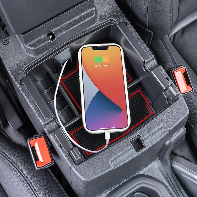 PIMCAR Center Console Organizer for Jeep Wrangler JL/JLU (2018-2026) & Gladiator JT (2020-2026) | Armrest Storage Tray | Interior Accessories (Not for JK/JKU) | Red Liner Trim