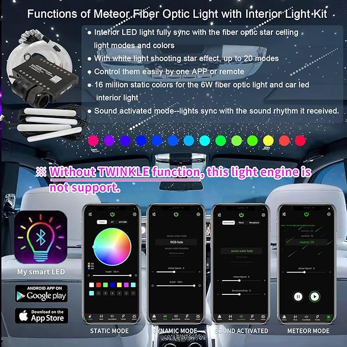 AKEPO 3in1 Meteor APP Fiber Optic Lights Kit, Music Sync Activated Under Dash Car LED Interior Lights and RGBW Headliner Light+ Optical Fiber Cable 375pcs Mixed Diameter in 9.8ft/3m + 28key RF Remote