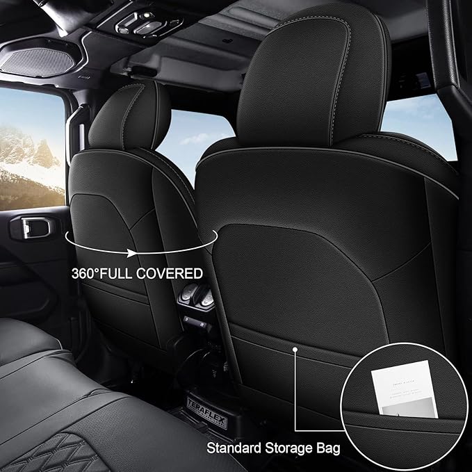 Custom Fit Seat Covers for Jeep Wrangler 4 Door JL: Unlimited Sahara Rubicon 392 Freedom Altitude Islande 2018 2019 2020 2021 2022 2023 2024 with Rear Cup Holder,Faux Leather,Black (Not for 4XE)