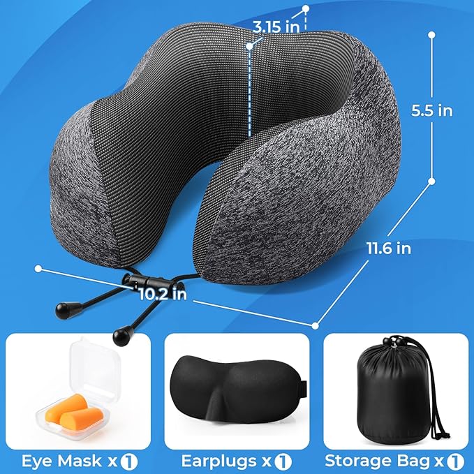 Travel Pillow, Travel Pillows for Sleeping Airplane, Removable Cover Neck Pillow with Adjustable Clasp, Memory Foam Neck Pillow Set with Eye Mask, Earplugs and Storage Bag (Dark Grey)