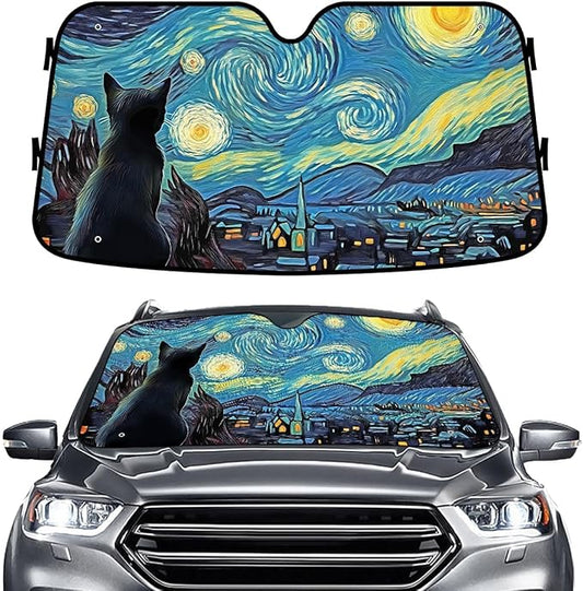 GENANY Cat Starry Night Windshield Sun Shade for Car SUV Truck (55x30 Inches), Sun Shade Windshield, Shades for Front Windows, Protector Blocks UV, Car Decor
