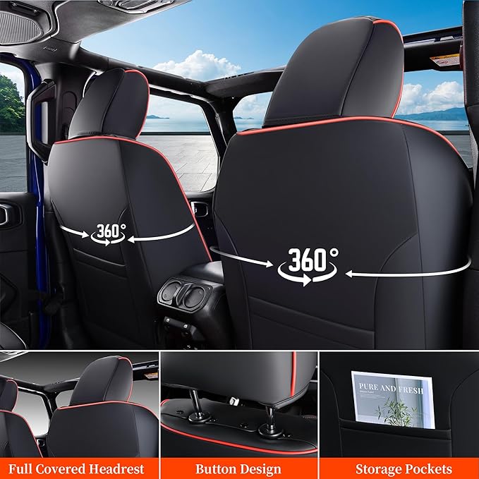 Coverado Seat Covers for Jeep Wrangler, Car Seat Covers Full Set 4 Door JL Accessories Custom Fit for Rubicon Sahara Sport S Altitude Willys Unlimited 2018 2019 2020 2021 2022 2023 2024 (Red Line)